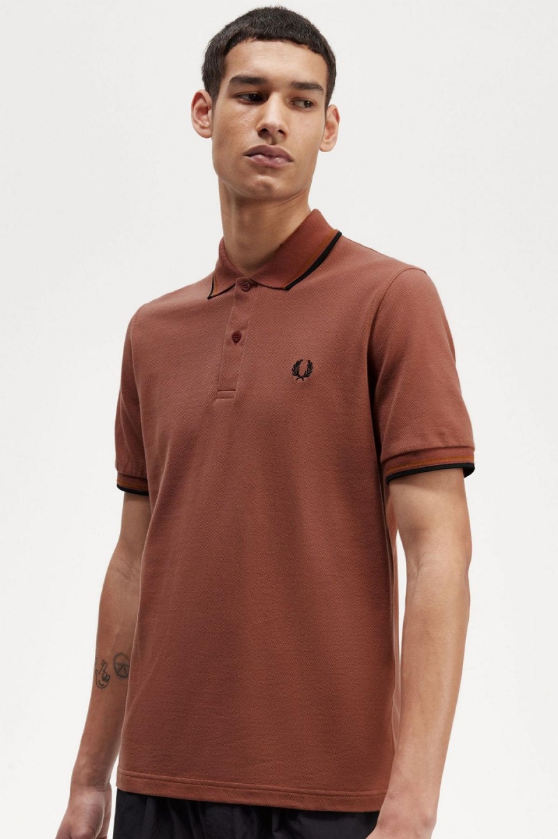 Whisky Brown / Dark Caramel / Black Fred Perry M12 Men's Polo Shirts | MCAHR52722