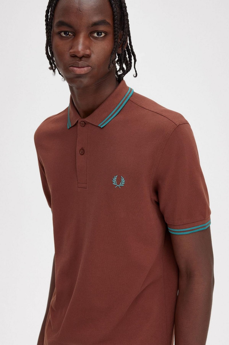 Whisky Brown / Deep Mint / Deep Mint Fred Perry M3600 Men's Polo Shirts | LCASX31741