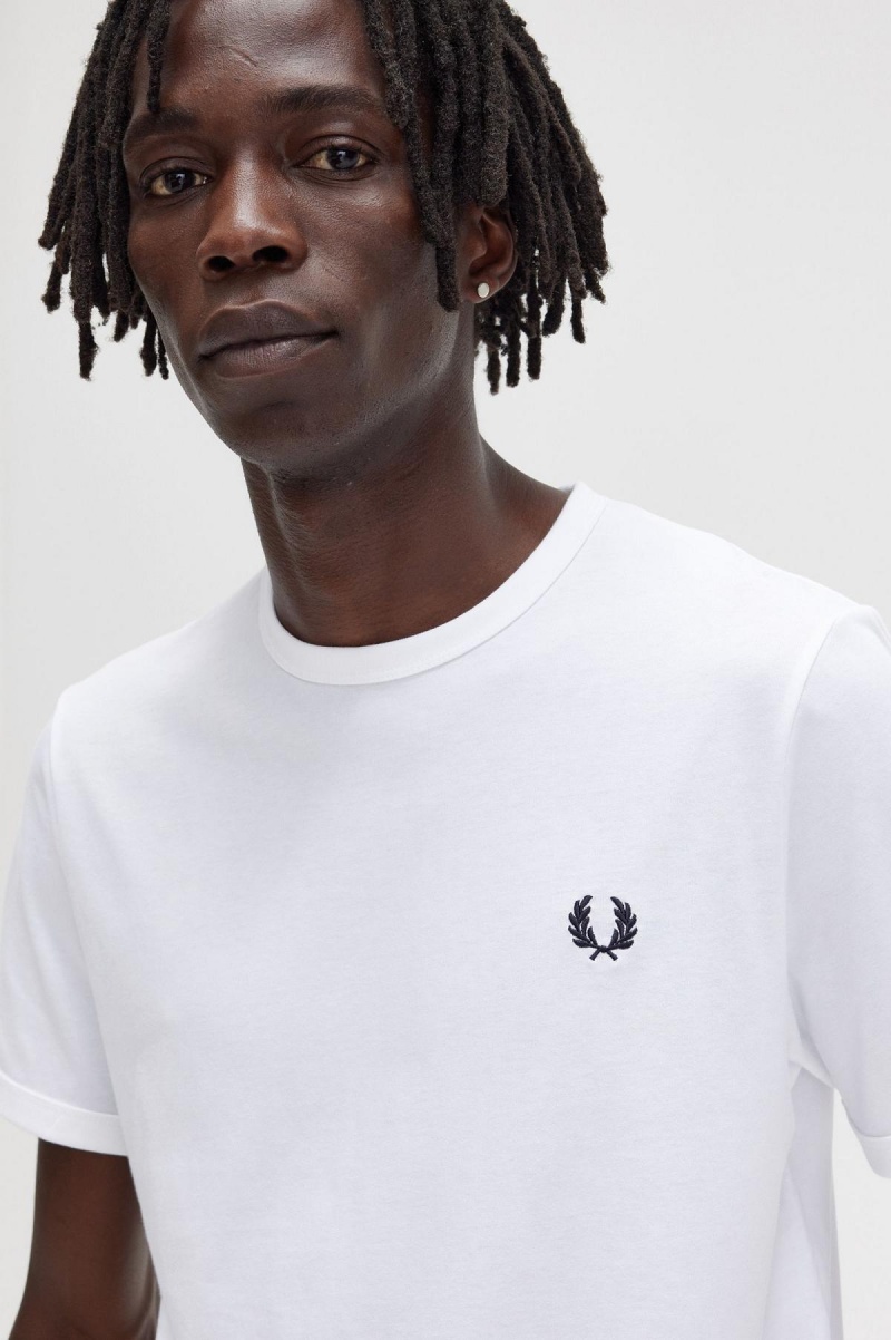 White Fred Perry Ringer Men's T Shirts | BCASO26809