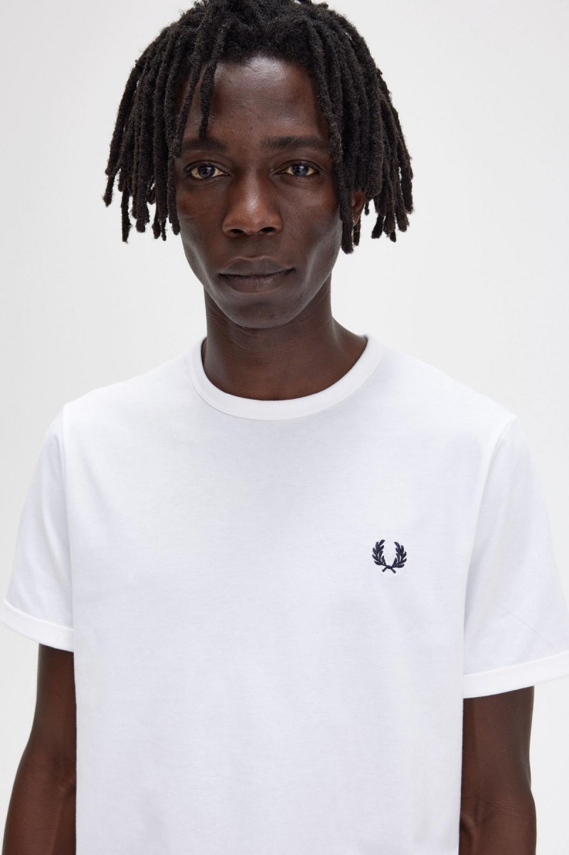 White Fred Perry Ringer Men's T Shirts | BCASO26809