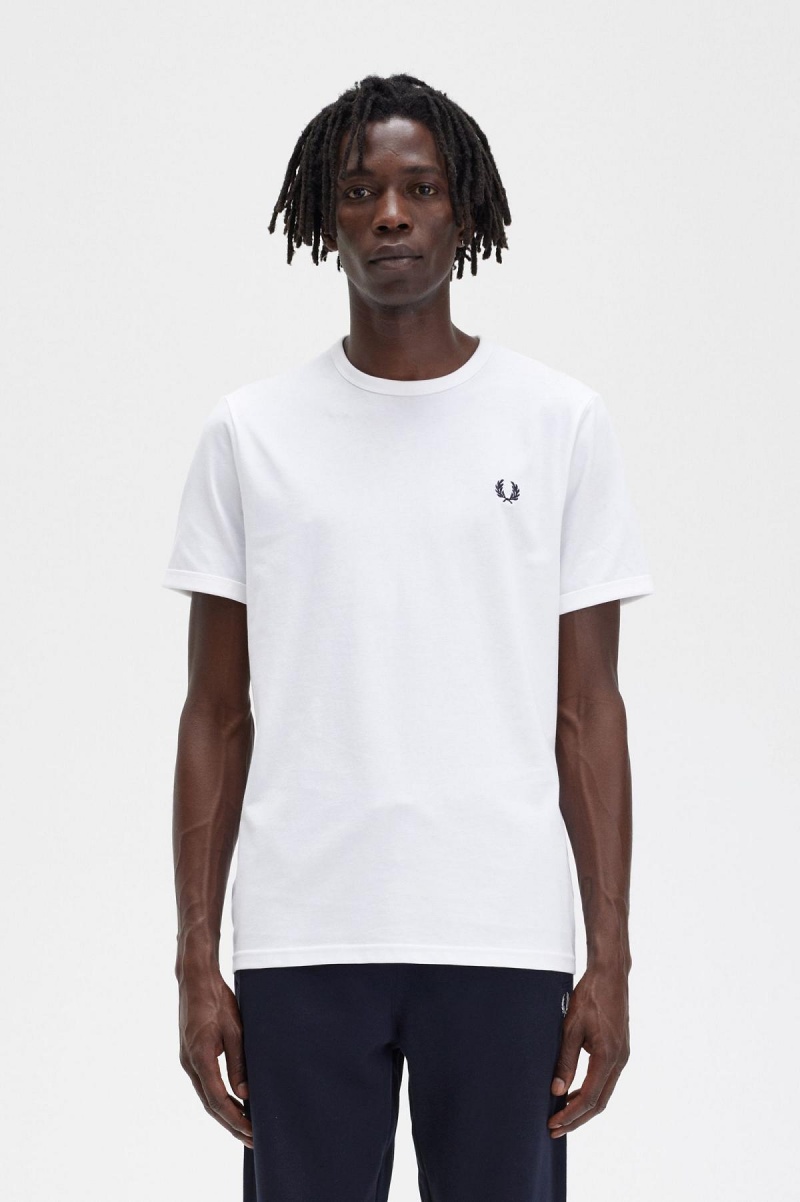 White Fred Perry Ringer Men\'s T Shirts | BCASO26809