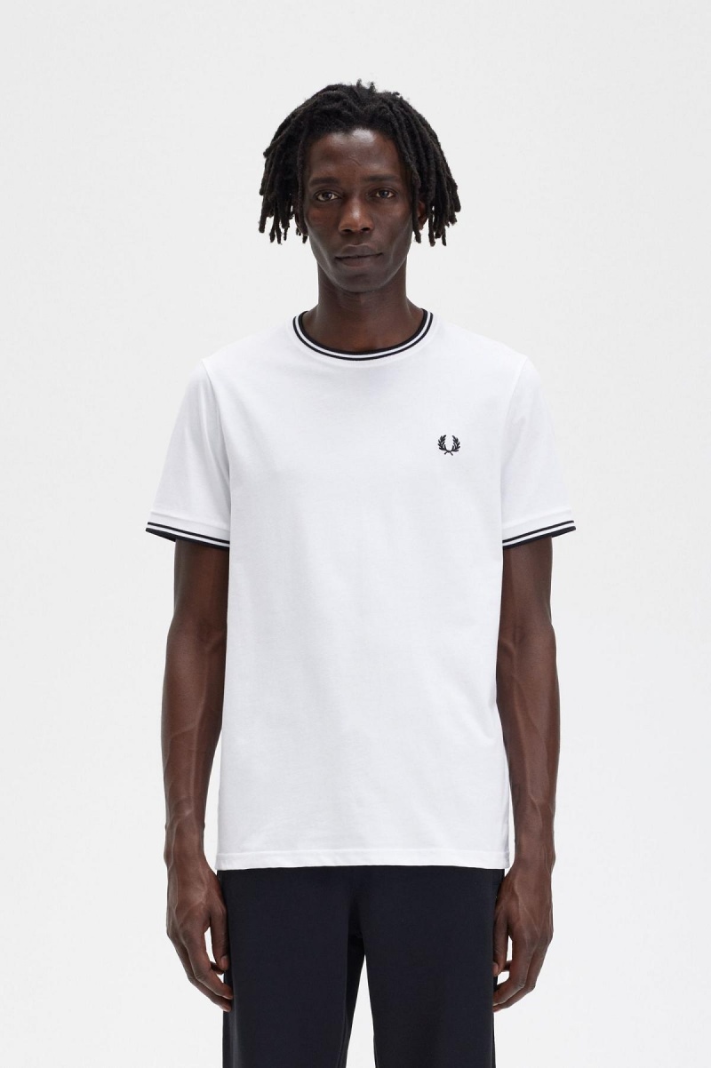 White Fred Perry Twin Tipped Men's T Shirts | ECAVG79830