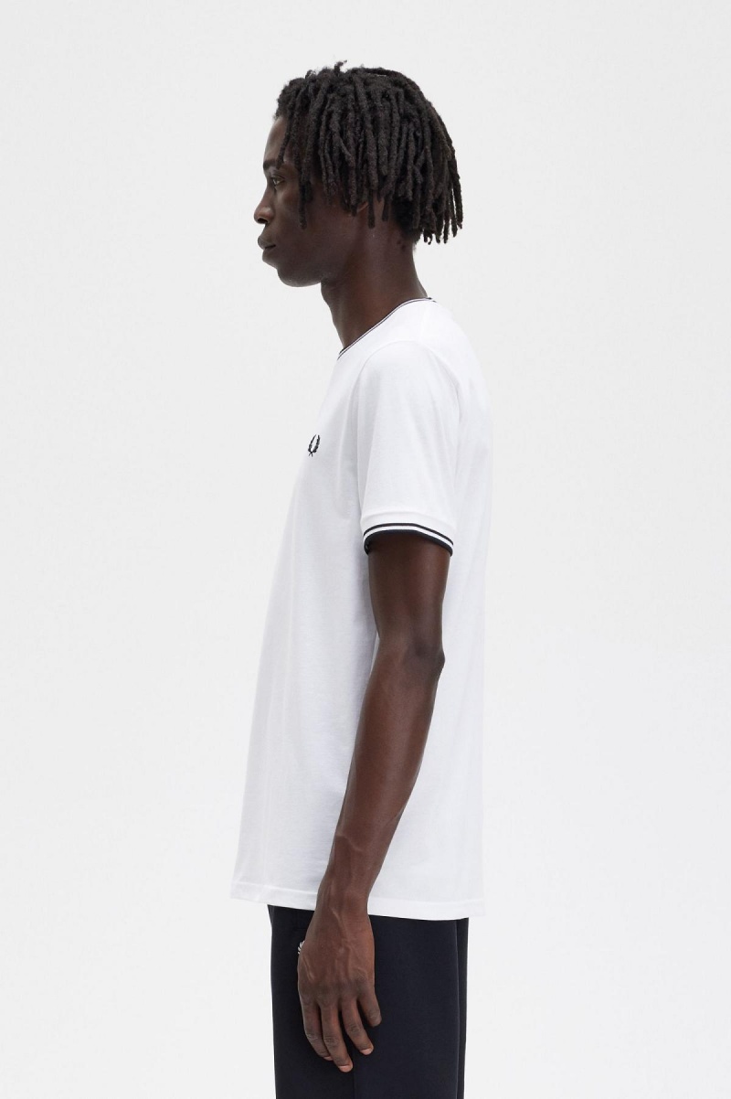 White Fred Perry Twin Tipped Men's T Shirts | ECAVG79830