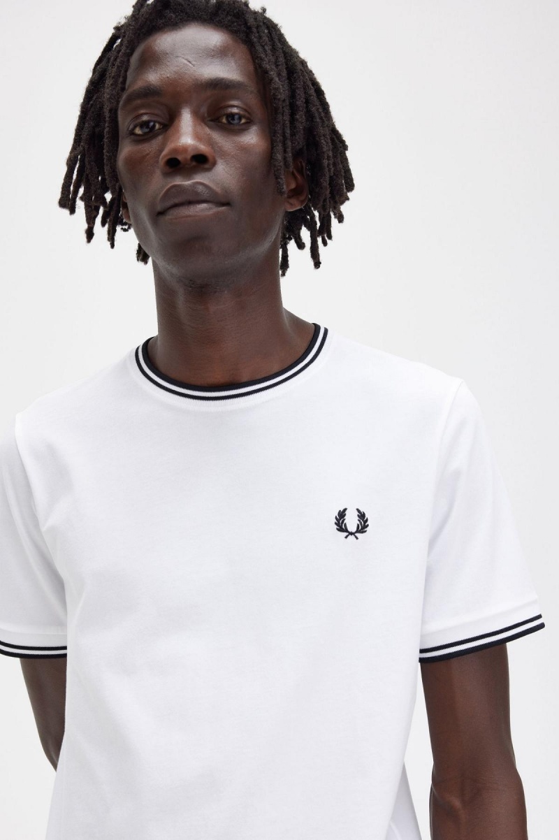 White Fred Perry Twin Tipped Men's T Shirts | ECAVG79830