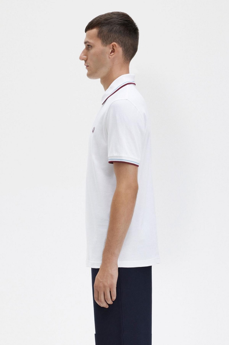 White / Ice / Maroon Fred Perry M12 Men's Polo Shirts | YCAVQ39345