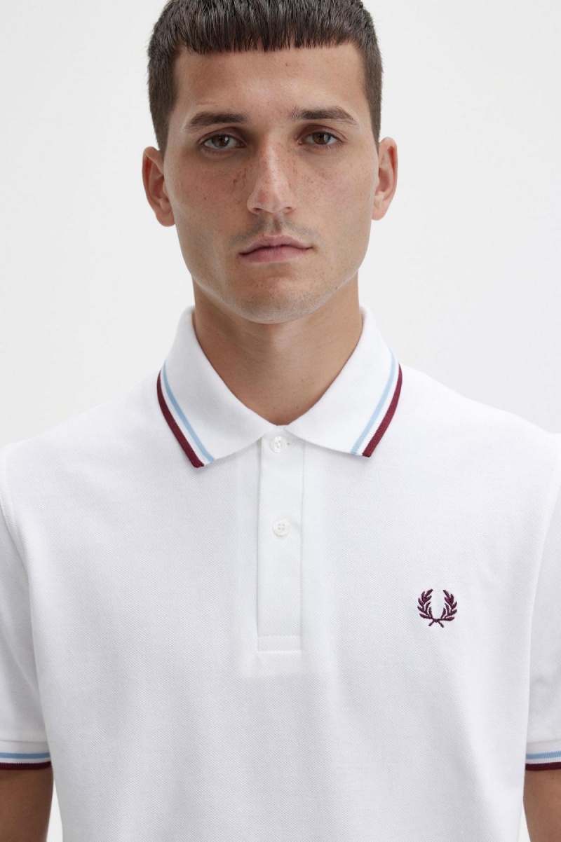 White / Ice / Maroon Fred Perry M12 Men's Polo Shirts | YCAVQ39345