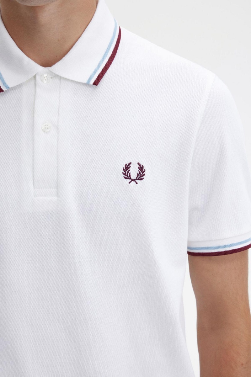 White / Ice / Maroon Fred Perry M12 Men's Polo Shirts | YCAVQ39345