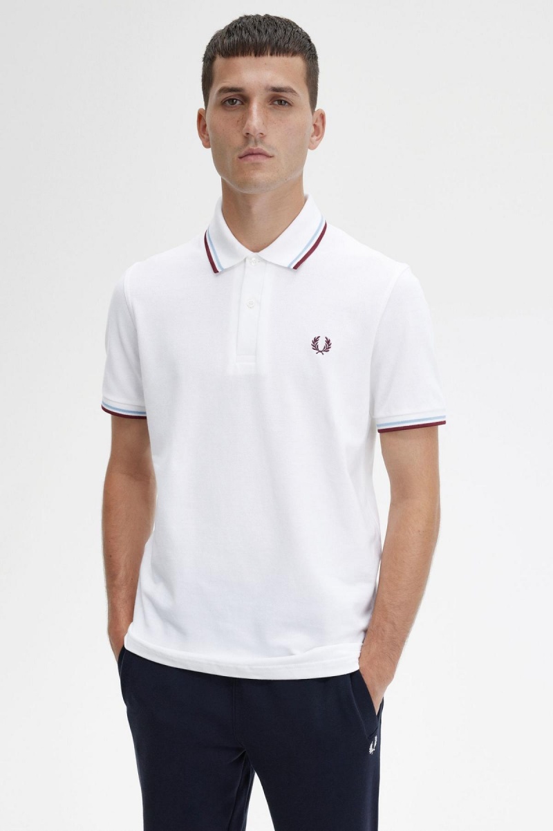 White / Ice / Maroon Fred Perry M12 Men's Polo Shirts | YCAVQ39345