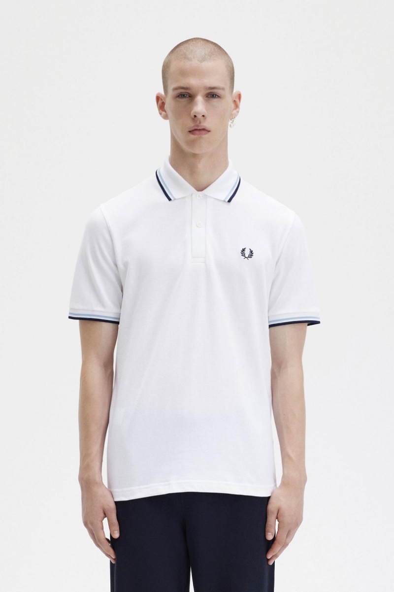 White / Ice / Navy Fred Perry M12 Men's Fred Perry Shirt | YCAGT71912