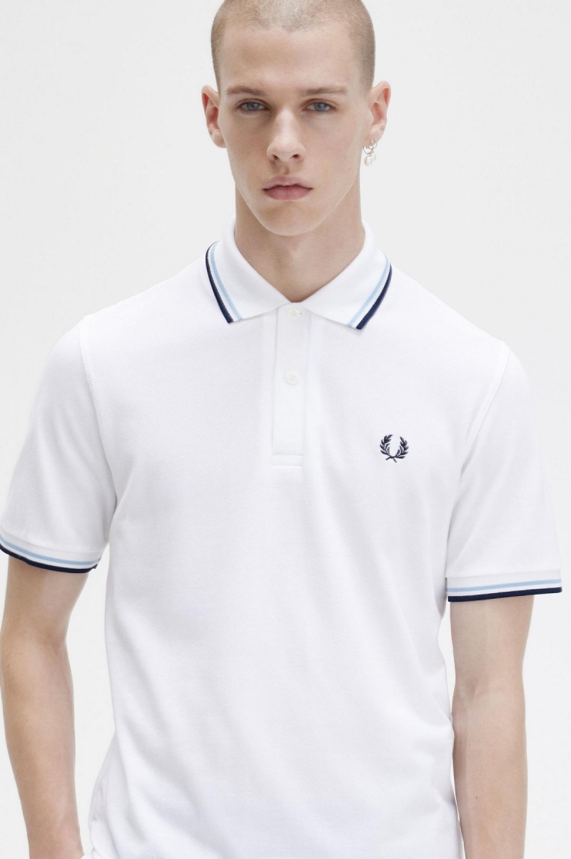 White / Ice / Navy Fred Perry M12 Men's Polo Shirts | ZCANQ12670