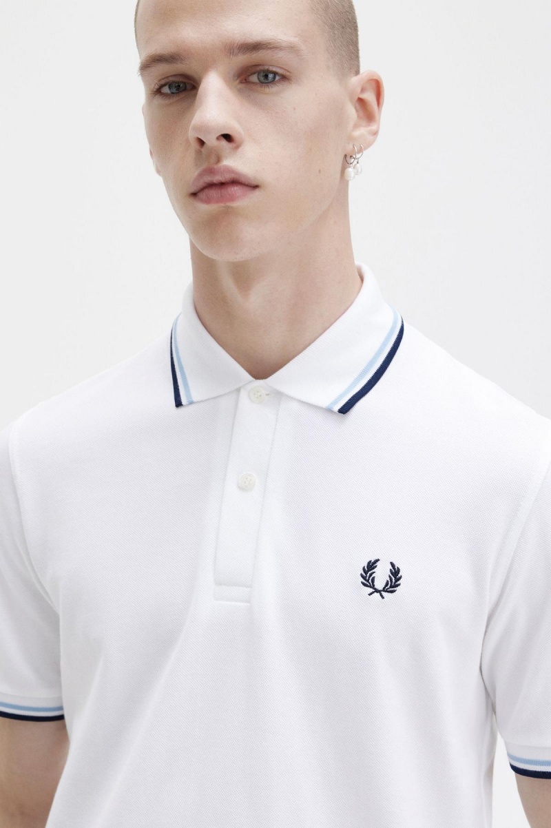 White / Ice / Navy Fred Perry M12 Men's Polo Shirts | ZCANQ12670