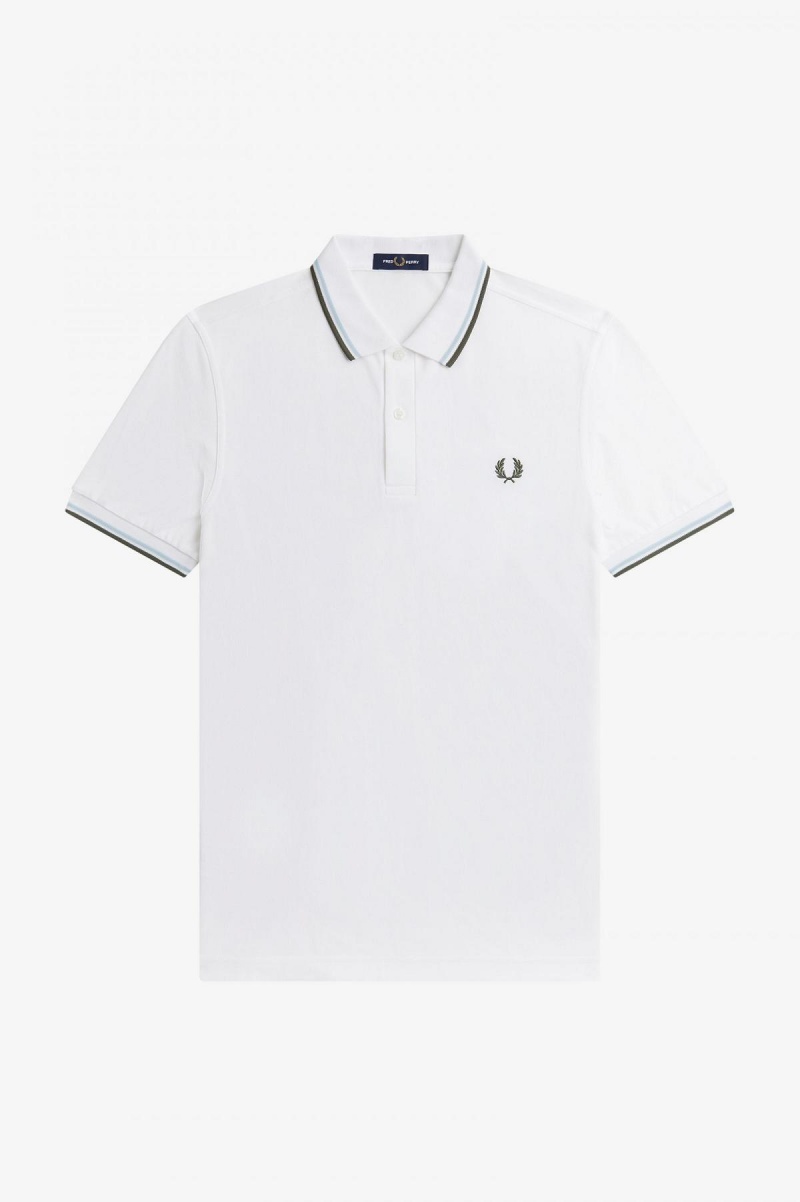 White / Light Ice / Field Green Fred Perry M3600 Men's Fred Perry Shirt | CAQCS86082