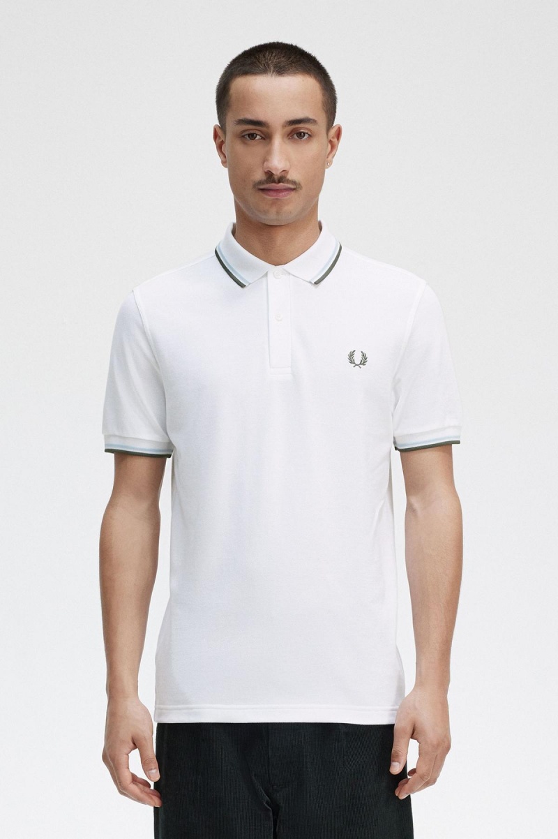 White / Light Ice / Field Green Fred Perry M3600 Men's Fred Perry Shirt | CAQCS86082