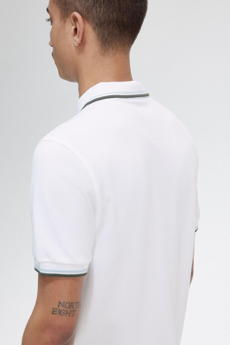 White / Light Ice / Field Green Fred Perry M3600 Men's Polo Shirts | YCAVQ33409