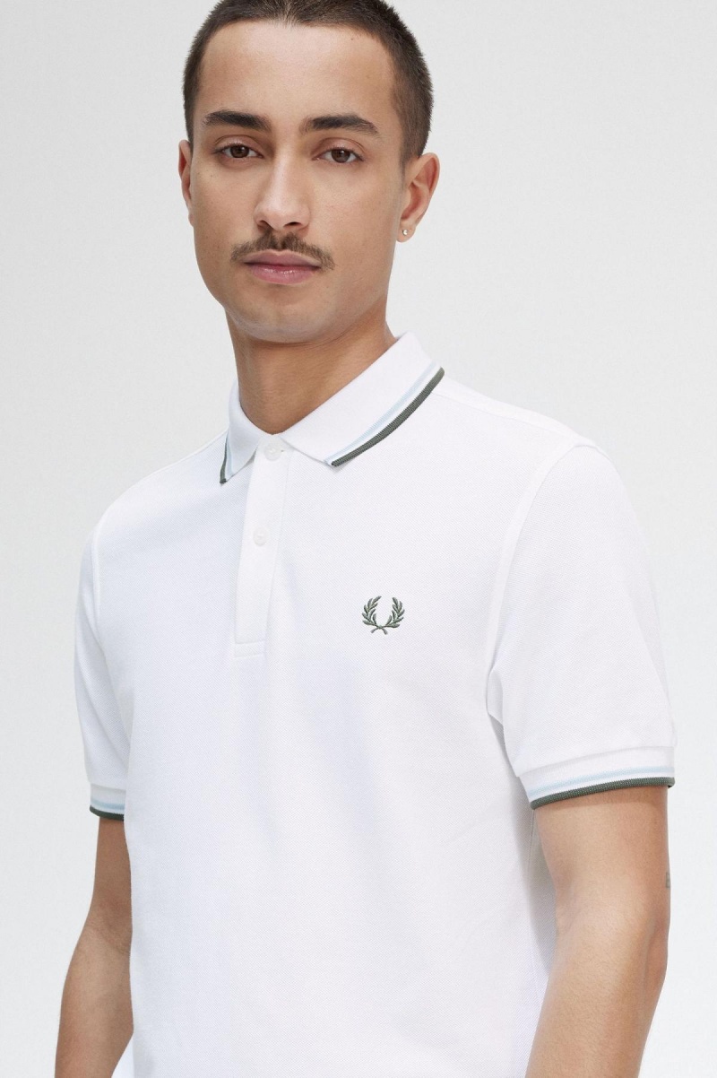 White / Light Ice / Field Green Fred Perry M3600 Men's Polo Shirts | YCAVQ33409