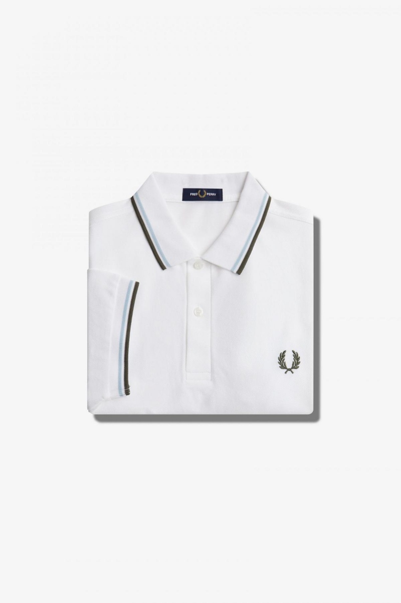 White / Light Ice / Field Green Fred Perry M3600 Men's Polo Shirts | YCAVQ33409